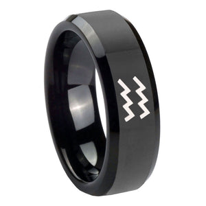 10mm Aquarius Horoscope Beveled Edges Black Tungsten Carbide Mens Promise Ring