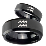 His Hers Aquarius Horoscope Beveled Edges Black Tungsten Men's Ring Set