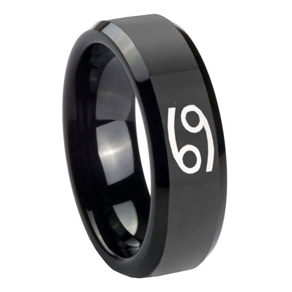 10mm Cancer Horoscope Beveled Edges Black Tungsten Carbide Mens Ring