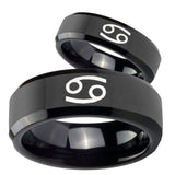 His Hers Cancer Horoscope Beveled Edges Black Tungsten Mens Bands Ring Set