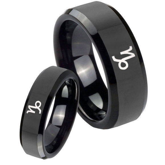 His Hers Capricorn Zodiac Beveled Edges Black Tungsten Men's Bands Ring Set