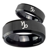 His Hers Capricorn Zodiac Beveled Edges Black Tungsten Men's Bands Ring Set