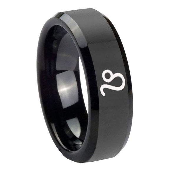 10mm Leo Zodiac Beveled Edges Black Tungsten Carbide Mens Ring Personalized