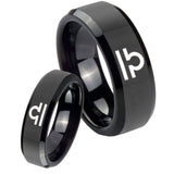 His Hers Libra Horoscope Beveled Edges Black Tungsten Mens Engagement Ring Set