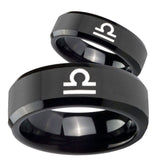 His Hers Libra Horoscope Beveled Edges Black Tungsten Mens Engagement Ring Set