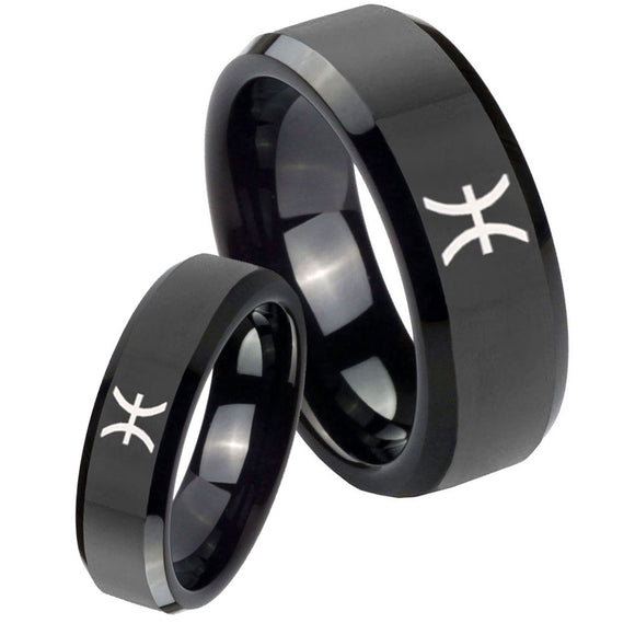 His Hers Pisces Zodiac Beveled Edges Black Tungsten Men's Engagement Ring Set