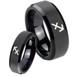 His Hers Sagittarius Zodiac Beveled Edges Black Tungsten Mens Promise Ring Set