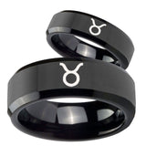 His and Hers Taurus Horoscope Beveled Edges Black Tungsten Mens Ring Set