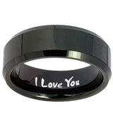 10mm I Love You Beveled Edges Black Tungsten Carbide Mens Ring