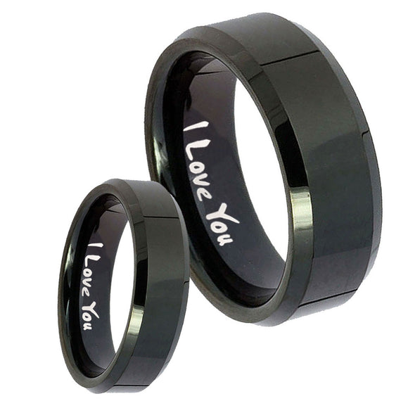 His and Hers I Love You Beveled Edges Black Tungsten Mens Wedding Band Set