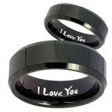 His and Hers I Love You Beveled Edges Black Tungsten Mens Wedding Band Set