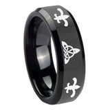 10mm Celtic Triangle Fleur De Lis Beveled Edges Black Tungsten Engraved Ring