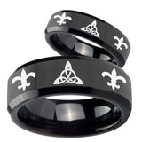 His Hers Celtic Triangle Fleur De Lis Beveled Black Tungsten Wedding Ring Set