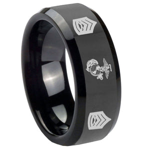 10mm Marine Army Sergeant Beveled Edges Black Tungsten Carbide Mens Ring Engraved