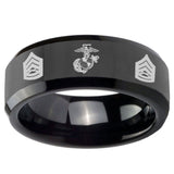 10mm Marine Army Sergeant Beveled Edges Black Tungsten Carbide Mens Ring Engraved