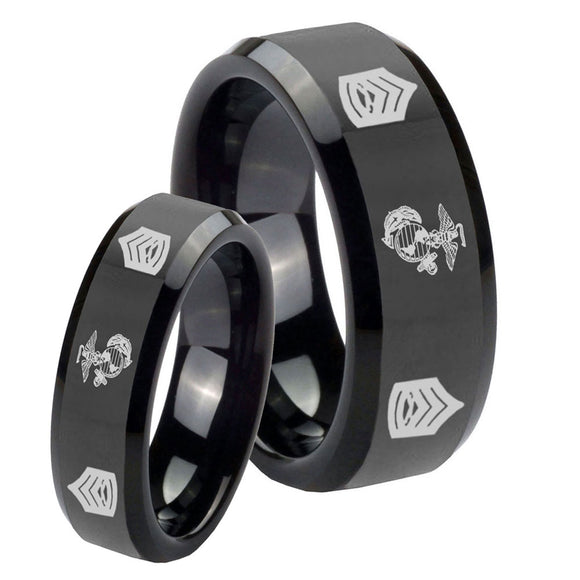 His Hers Marine Army Sergeant Beveled Edges Black Tungsten Mens Wedding Ring Set