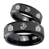 His Hers Marine Army Sergeant Beveled Edges Black Tungsten Mens Wedding Ring Set