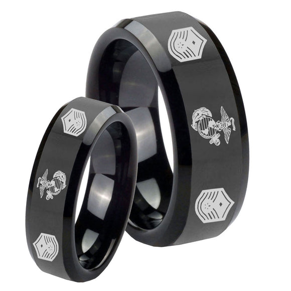 His Hers Marine Chief Master Sergeant  Beveled Edges Black Tungsten Men's Band Ring Set