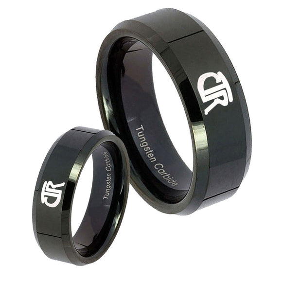 Bride and Groom CTR Beveled Edges Black Tungsten Personalized Ring Set