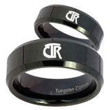 Bride and Groom CTR Beveled Edges Black Tungsten Personalized Ring Set