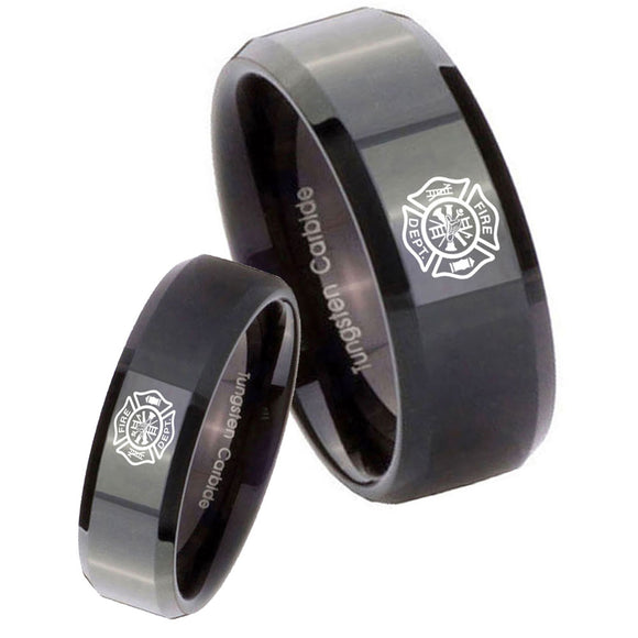 His Hers Fire Department Beveled Edges Black Tungsten Men's Engagement Band Set