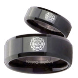 His Hers Fire Department Beveled Edges Black Tungsten Men's Engagement Band Set