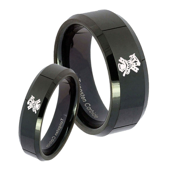 His and Hers Fireman Beveled Edges Black Tungsten Personalized Ring Set