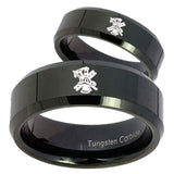 His and Hers Fireman Beveled Edges Black Tungsten Personalized Ring Set