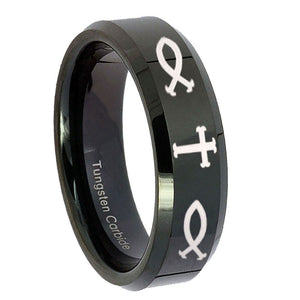 10mm Fish & Cross Beveled Edges Black Tungsten Carbide Custom Ring for Men
