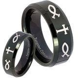His and Hers Fish & Cross Beveled Edges Black Tungsten Men's Band Ring Set