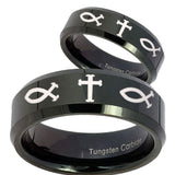 His and Hers Fish & Cross Beveled Edges Black Tungsten Men's Band Ring Set