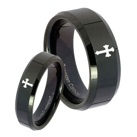 His Hers Flat Christian Cross Beveled Edges Black Tungsten Mens Bands Ring Set