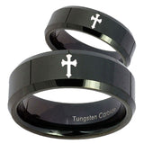 His Hers Flat Christian Cross Beveled Edges Black Tungsten Mens Bands Ring Set