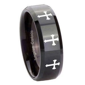 10mm Multiple Christian Cross Beveled Black Tungsten Men's Engagement Band