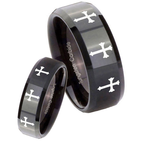 His Hers Multiple Christian Cross Beveled Black Tungsten Custom Ring for Men Set