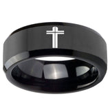 10mm Flat Christian Cross Beveled Edges Black Tungsten Carbide Engagement Ring