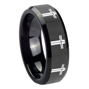 10mm Multiple Christian Cross Beveled Black Tungsten Mens Anniversary Ring