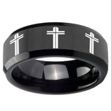 10mm Multiple Christian Cross Beveled Black Tungsten Mens Anniversary Ring