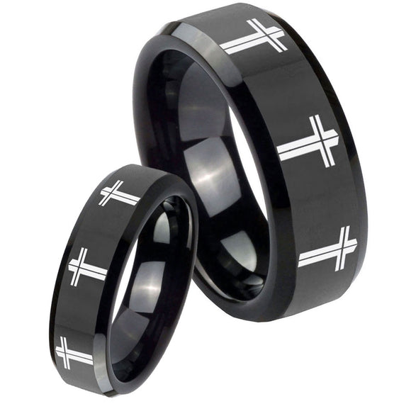 His Hers Multiple Christian Cross Beveled Black Tungsten Engraving Ring Set