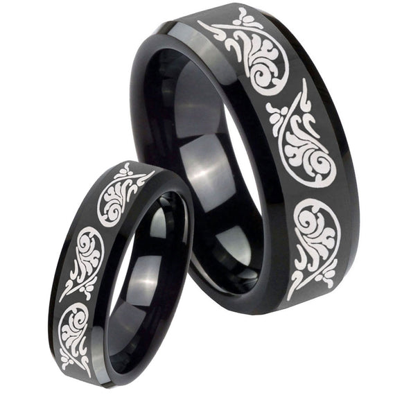 His Hers Etched Tribal Pattern Beveled Edges Black Tungsten Men's Ring Set