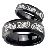 His Hers Etched Tribal Pattern Beveled Edges Black Tungsten Men's Ring Set