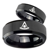 His Hers Pester Master Masonic Beveled Edges Black Tungsten Ring Set