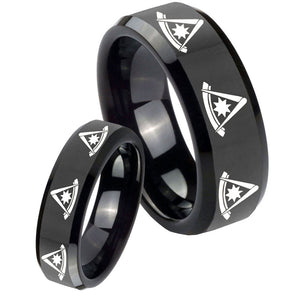 His Hers Multiple Pester Master Masonic Beveled Black Tungsten Engagement Ring Set