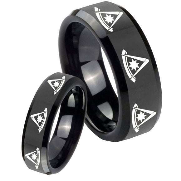 His Hers Multiple Pester Master Masonic Beveled Black Tungsten Engagement Ring Set