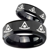 His Hers Multiple Pester Master Masonic Beveled Black Tungsten Engagement Ring Set