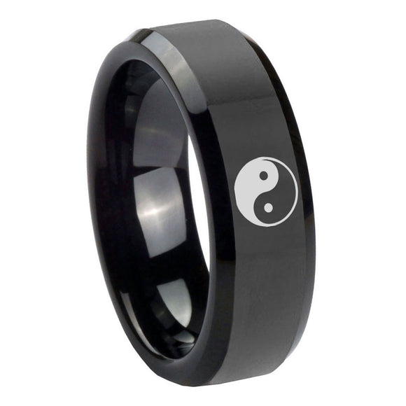 10mm Yin Yang Beveled Edges Black Tungsten Carbide Engraved Ring