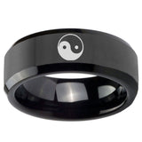 10mm Yin Yang Beveled Edges Black Tungsten Carbide Engraved Ring