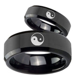 His and Hers Yin Yang Beveled Edges Black Tungsten Men's Bands Ring Set