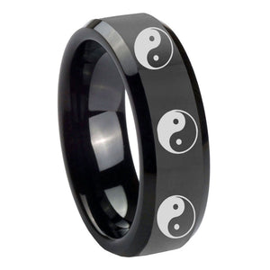 10mm Multiple Yin Yang Beveled Edges Black Tungsten Carbide Personalized Ring