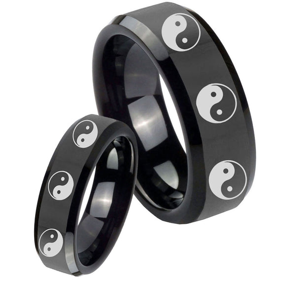 His Hers Multiple Yin Yang Beveled Edges Black Tungsten Wedding Band Ring Set